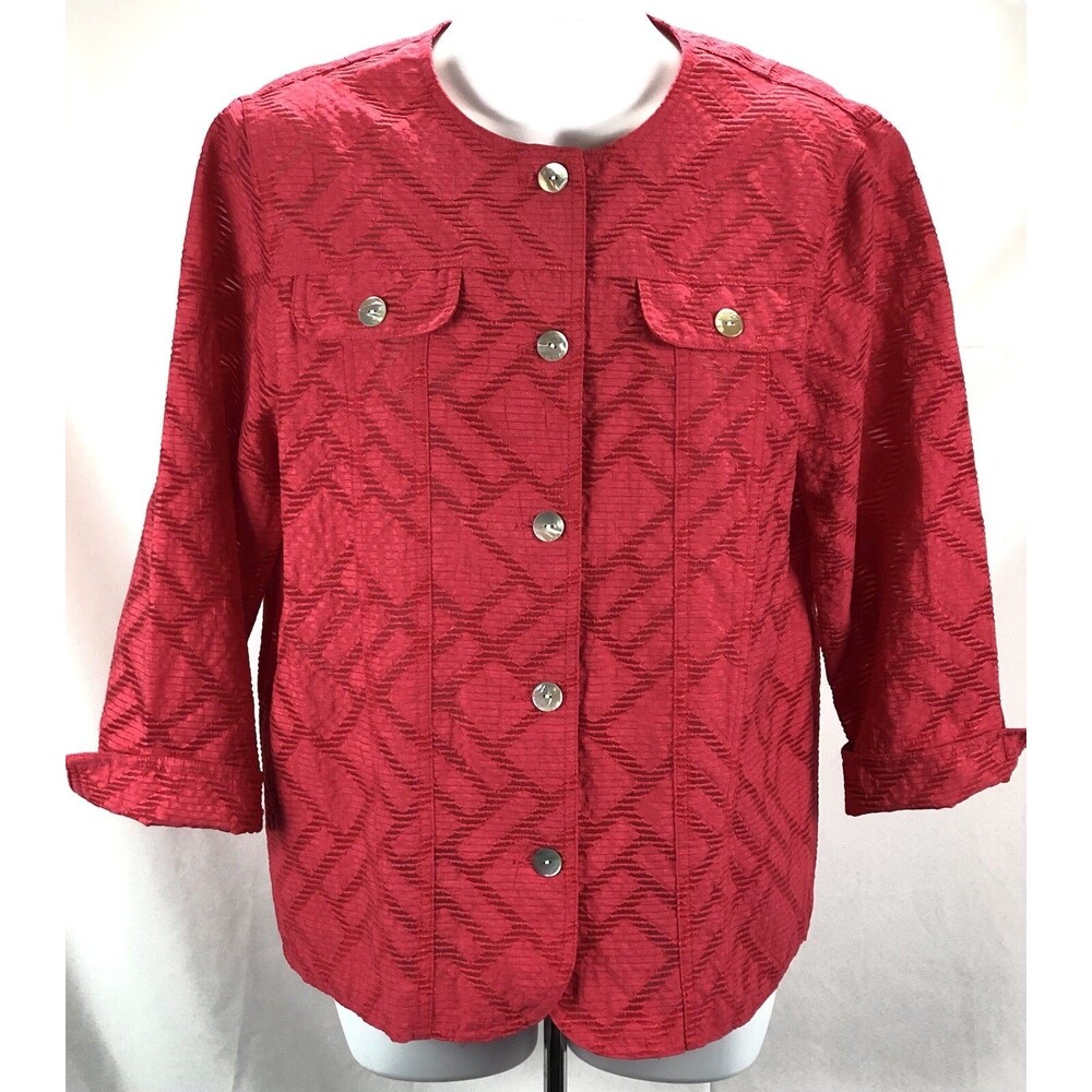 Alfred Dunner Crepe Shacket Top 8 Red Button Up Pockets Cuff 3/4 Sleeves Career